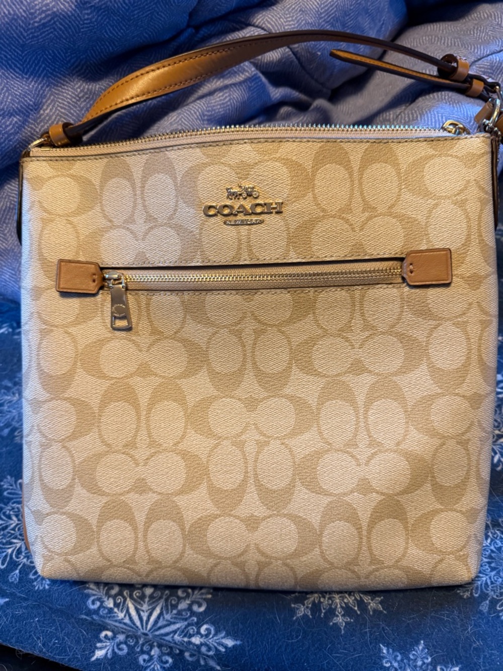 Coach Beige Signature Shoulder Bag with Brown Trim